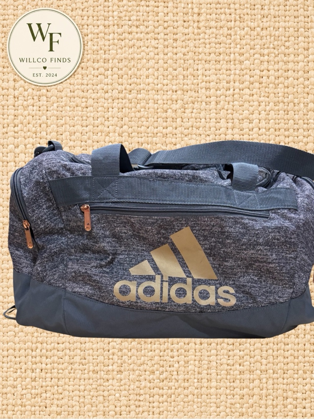 Adidas Gray Heather Rose Gold Duffel Gym Travel Bag Shoulder Strap